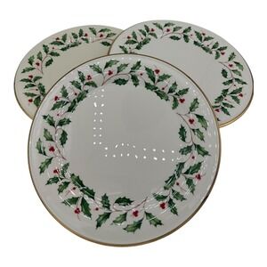 Lenox Holiday Dinner Plates Set of 3 Holly Berry Wreath Gold Trim Christmas